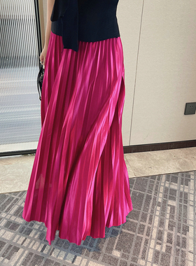 JINGONI醋酸百褶中长款裙子女高腰半身裙a字宽松垂感大摆法式度假