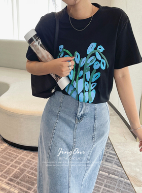 黑色叶子印花T恤短袖女上衣2025年夏季新款韩版休闲宽松时尚chic