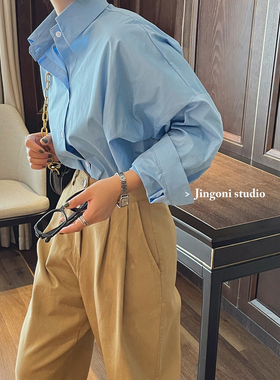 蓝色宽松长袖衬衫chic韩系女上衣2025年春季新款休闲衬衣百搭显瘦
