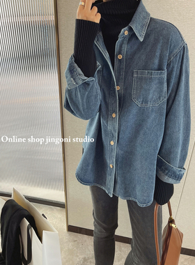 加厚蓝色牛仔衬衫上衣港风衬衣秋冬季2024年新款内搭叠穿韩系气质