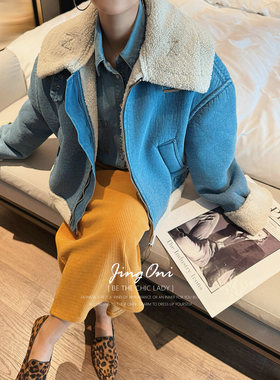 JINGONI皮毛一体牛仔外套大衣女秋冬新款夹克加绒韩式时尚宽松潮