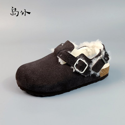 岛外加绒勃肯鞋女软木拖外穿毛绒复古文艺后带半包半拖包头拖鞋