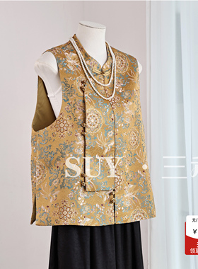 三禾新中式国风凤纹提花马甲秋季女2025秋新款小众款金线绝美上衣