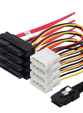 MINI SAS 8087转4X SAS 8482带POWER红色高速服务器机内连接线束