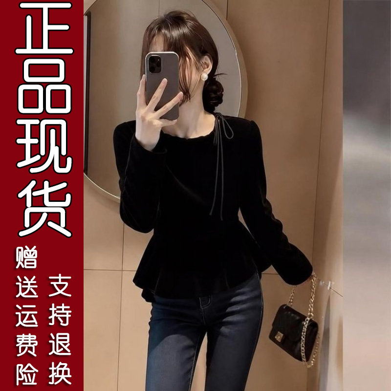 2026秋黑色丝绒蝴蝶结收腰打