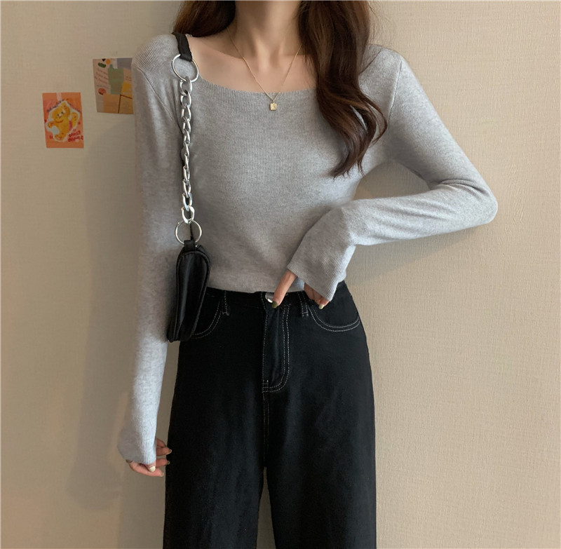 Real price long sleeve base coat for women's new Hong Kong Style slim square collar with clavicle inside