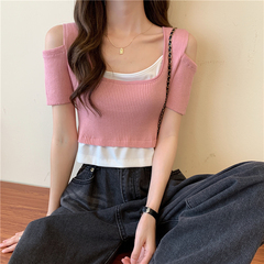 實拍實價夏季新款修身短款露肩上衣女粉色百搭短袖打底衫T恤
