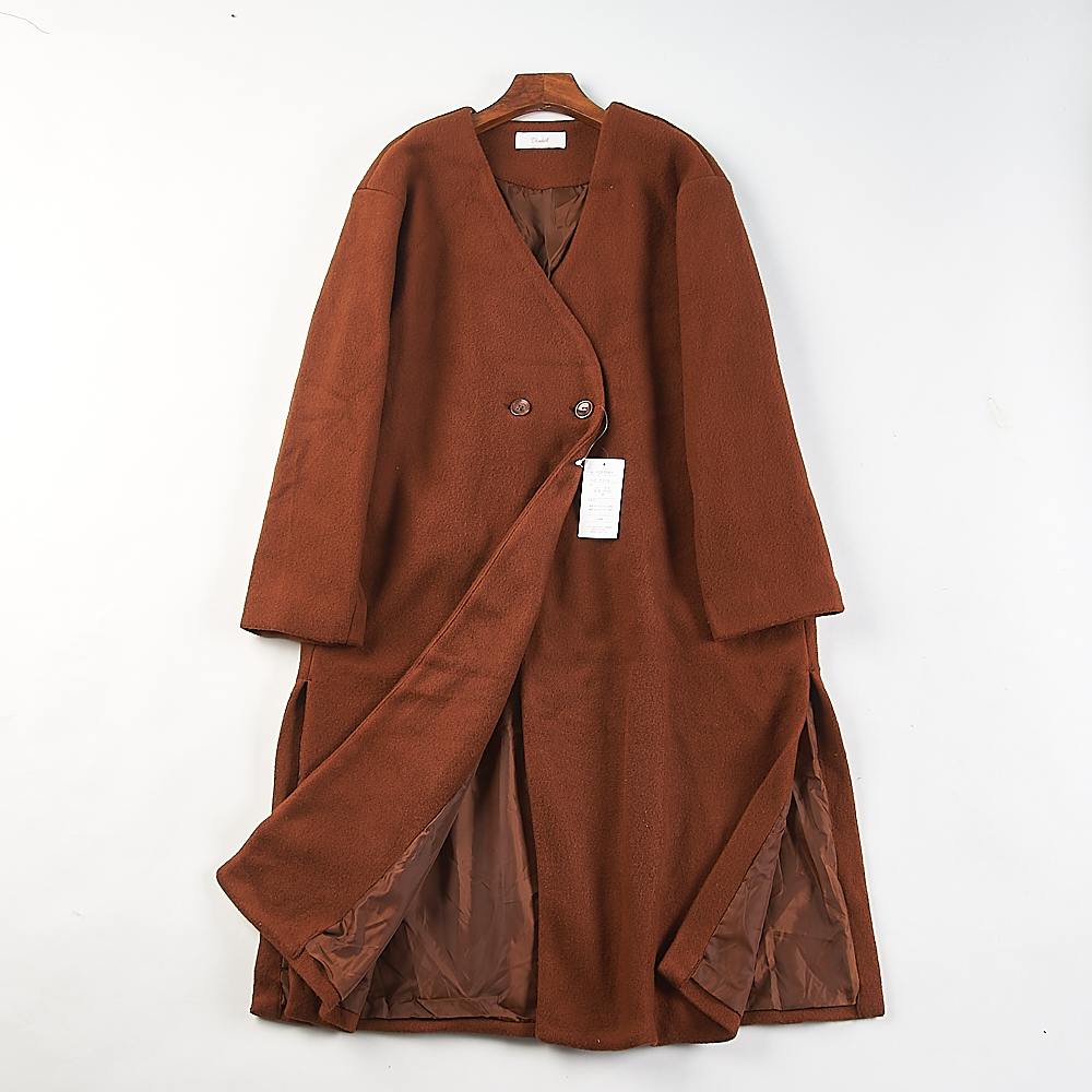 外贸日单V领双排扣毛呢大衣女