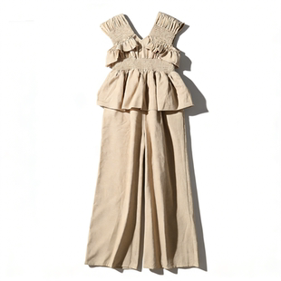 女L86138高级感拉摺收高腰显瘦连身长裤 日单无袖 荷叶边连体阔腿裤