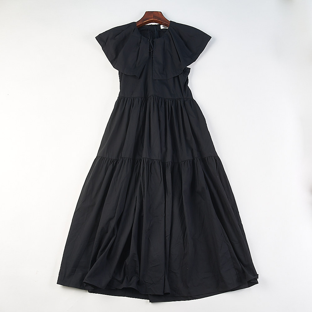 日单黑色大翻领蛋糕长裙女H84657夏设计感小众后背镂空长款连衣裙