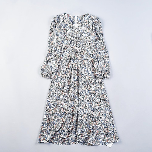 精品日系碎花长袖连衣裙女L80151法式抽褶V领高腰修身夏秋A字长裙