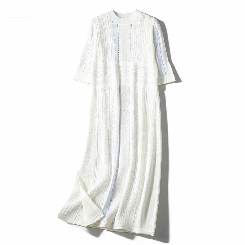 日单复古风镂空针织连衣裙女L86146春夏季七分袖坠感开叉优雅长裙