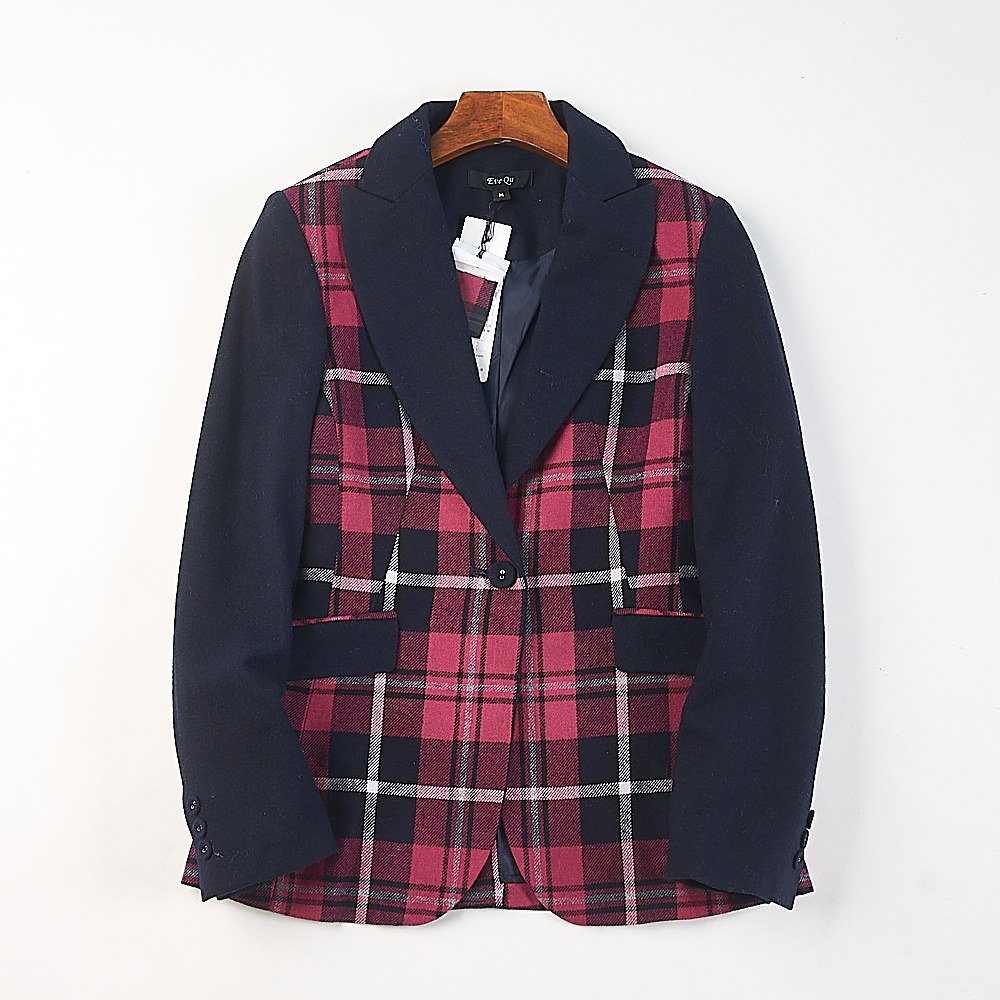 高货韩版复古格子羊毛西装外套女H84274秋季修身通勤休闲百搭西服