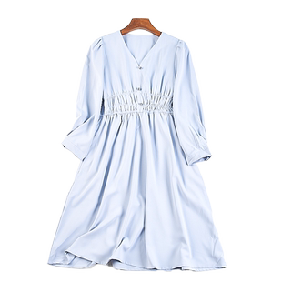 高腰连衣裙女82395夏秋新款 收腰显瘦气质V领中长裙 九分袖 619法式