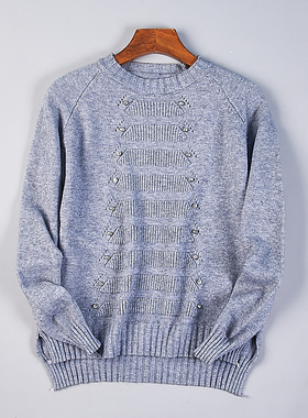 外贸原单女式宽松针织衫3.30H78424春秋冬圆领套头直筒不对称毛衣