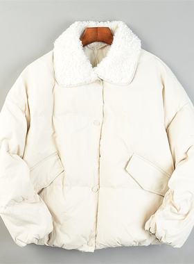 韩版精品毛领羽绒服女L85592宽松落肩面包服冬季保暖白鸭绒短外套