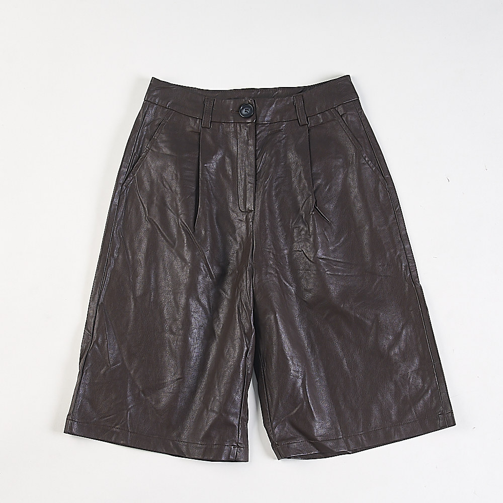 高级感中性风PU皮高腰五分中裤女H84086秋冬潮流宽松显瘦阔腿皮裤