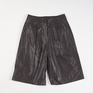 高级感中性风PU皮高腰五分中裤 女H84086秋冬潮流宽松显瘦阔腿皮裤
