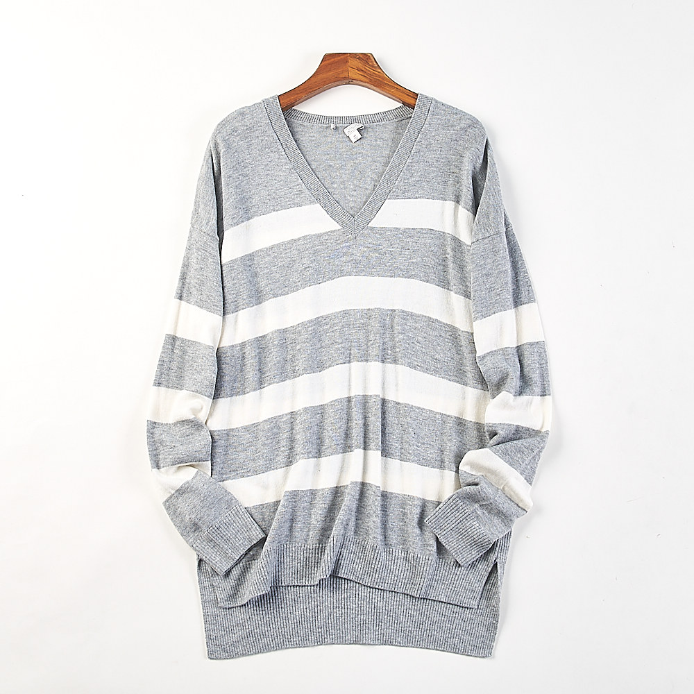 精品外贸V领撞色条纹毛衣女H84787宽松软糯慵懒松弛感羊毛针织衫,女装/女士精品,毛衣,淘宝优惠券,粉丝福利购,淘宝优惠卷