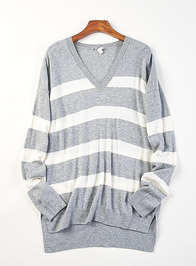 精品外贸V领撞色条纹毛衣女H84787宽松软糯慵懒松弛感羊毛针织衫