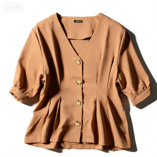 新款 女L84677春夏季 显瘦通勤优雅上衣 衬衫 日单设计感V领收腰短袖