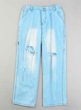 美式高街水洗棉破洞牛仔裤男女L85197宽松直筒四季百搭阔腿长裤子