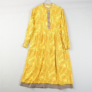 日系复古印花连衣裙L85818春季立领收腰长袖中长裙蕾丝花边宽松裙