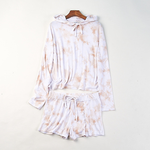 女H84131春夏长袖 外贸时尚 套装 卫衣短裤 T恤休闲两件套 扎染连帽衫