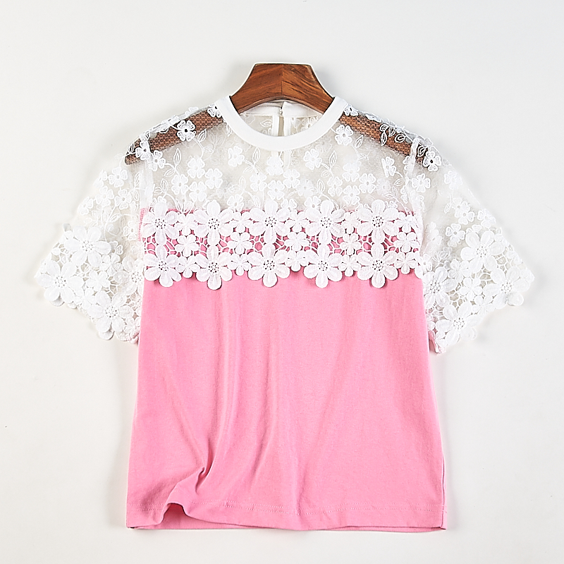 外贸单蕾丝拼接圆领短袖T恤女