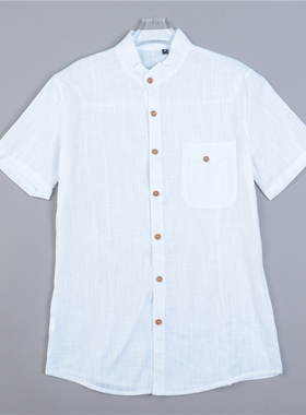 35男士棉麻立领衬衫L79210夏季舒适直筒商务休闲文艺纯色短袖上衣