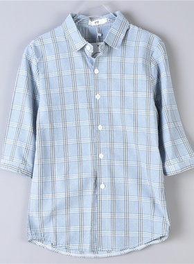 韩版男女生格子衬衫1014L76350尖领单排扣修身款春夏秋七分袖上衣