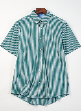 精品男士商务休闲条纹短袖衬衫H84769夏季翻领单排扣宽松百搭衬衣