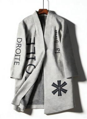 日单字母印花毛呢外套女3.10H86051春秋青果领修身气质中长款大衣