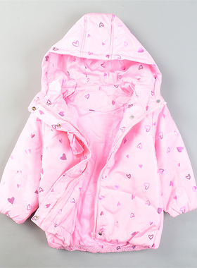 外贸单女童连帽棉服外套L85524冬季心形印花小女孩粉红色棉袄上装