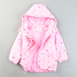 外贸女童连帽棉服外套12.30L85524心形印花小女孩粉红色棉袄上装
