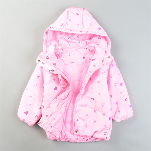 外贸单女童连帽棉服外套L85524冬季心形印花小女孩粉红色棉袄上装