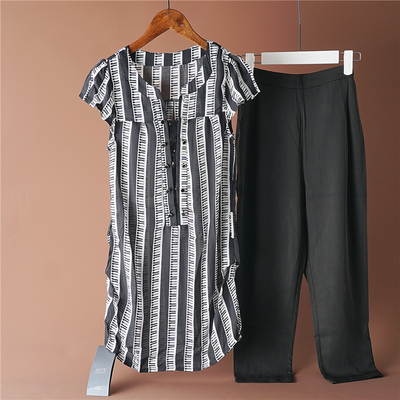 中长款短袖上衣松紧腰裤子两件套