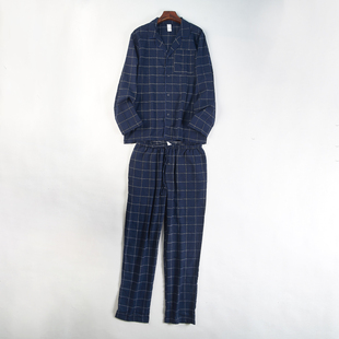 外贸格子长袖睡衣套装男女L85266春秋开衫上衣+长裤家居服两件套