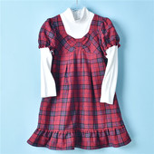 621高品质女童红格子羊毛长袖 连衣裙72177春秋假两件高领中长裙子