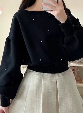 精品日单珍珠短款圆领运动卫衣女H84542秋冬新款加绒宽松短款上衣