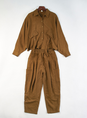 复古休闲工装套装女H85790春季新款宽松落肩外套九分裤叠穿两件套