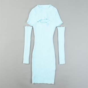 韩版小心机短袖针织连衣裙L83082弹力裹身甜辣风秋冬潮流包臀中裙