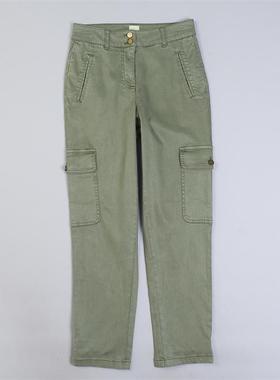 高端水洗天丝棉休闲裤女9.24L80486复古欧美风显瘦军绿色工装长裤