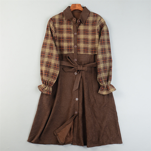 精品磨毛格纹拼接长袖 连衣裙L84499秋冬系带高收腰单排扣显瘦长裙