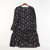 精品日单碎花雪纺方领长袖 连衣裙女H84424夏秋宽松甜美减龄中长裙