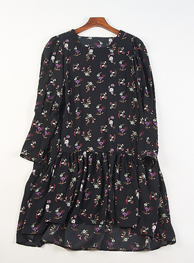 精品日单碎花雪纺方领长袖连衣裙女H84424夏秋宽松甜美减龄中长裙