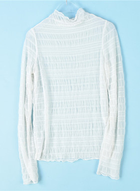 镂空网纱长袖T恤衫女311L73126木耳小立领弹力修身上衣春夏打底衫