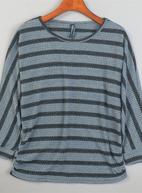 外贸精品条纹针织衫T恤女85020时尚亮银线舒适透气蝙蝠七分袖上衣