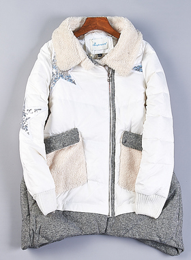 511韩版复古贴布中长款羽绒服女77075冬拼接亮片毛领90白鸭绒外套