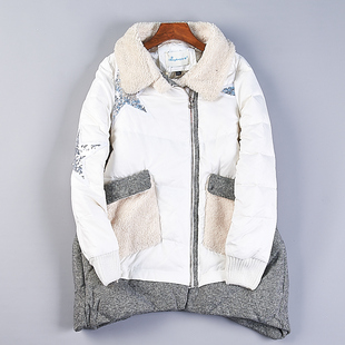 511韩版 羽绒服女77075冬拼接亮片毛领90白鸭绒外套 复古贴布中长款